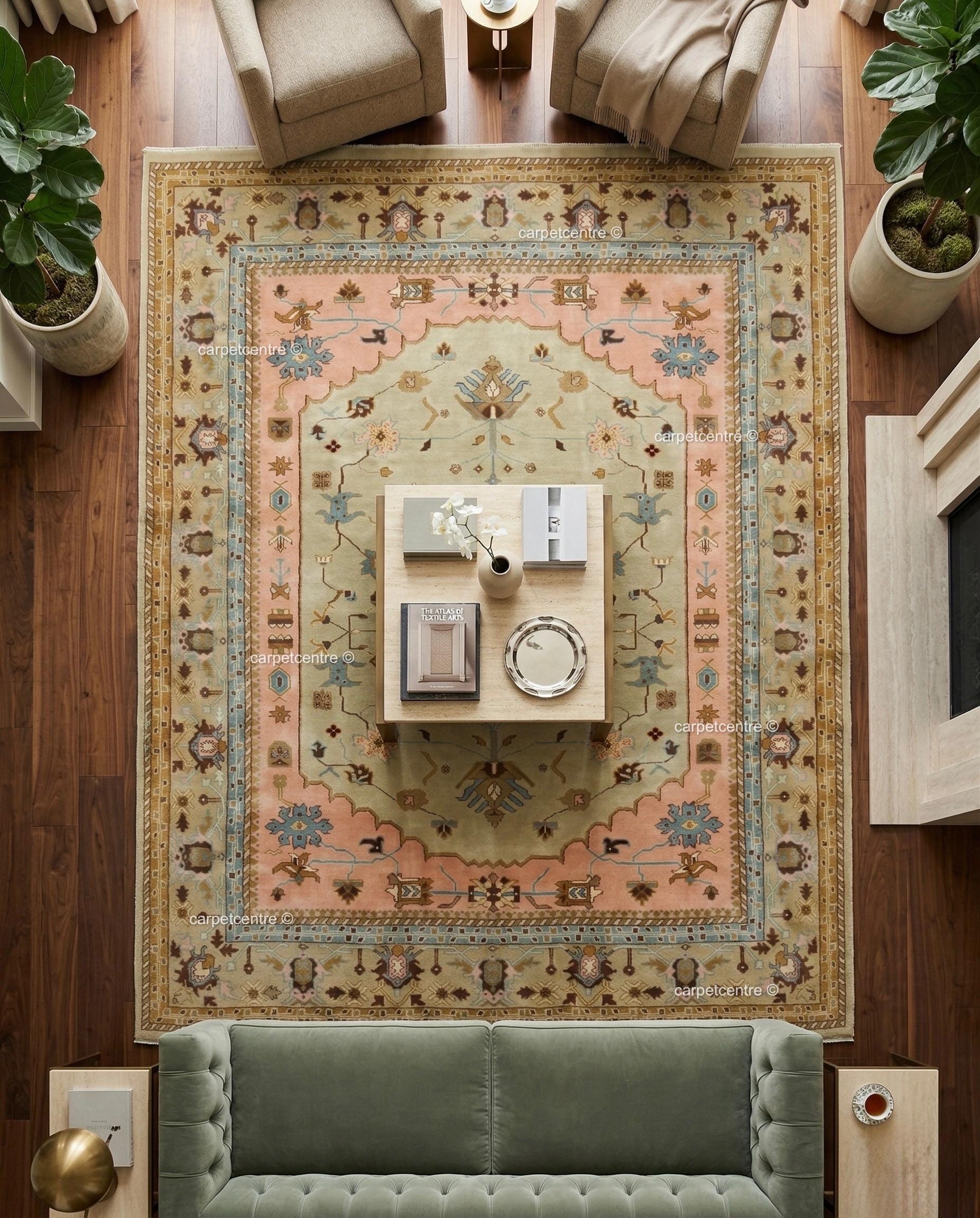 Sage Green Oushak Rug, Muted Peach Floral Geometric Carpet, Boho Nursery Bedroom Decor