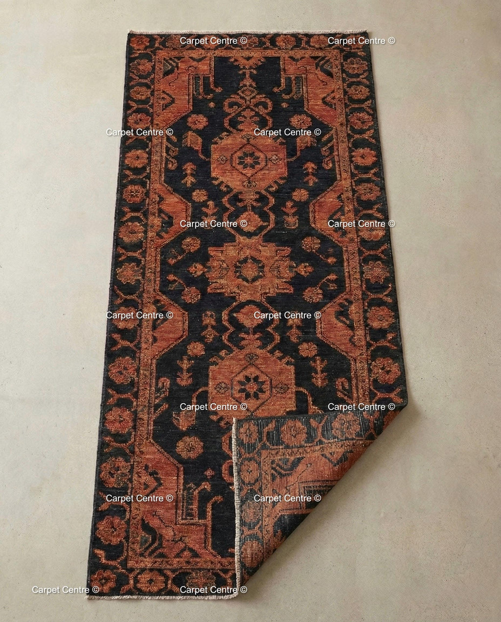 Hand Knotted Oushak Wool Runner, Black & Rust Geometric Hallway Rug