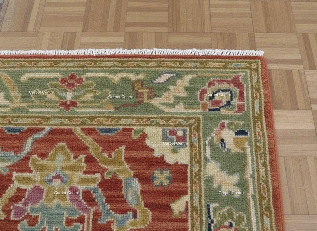 Hand-Knotted Terracotta Runner Rug, Wool Oushak Style, Sage Green