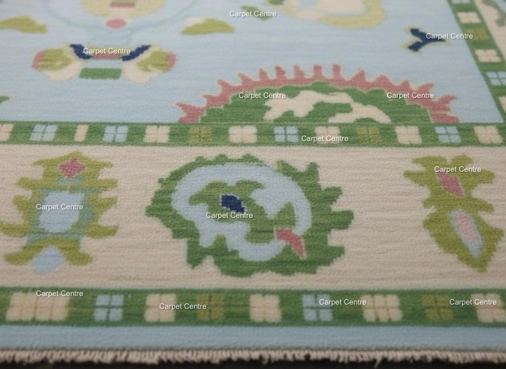 Handmade Oushak Wool Rug: Aqua Blue & Sage Green, Abstract Design