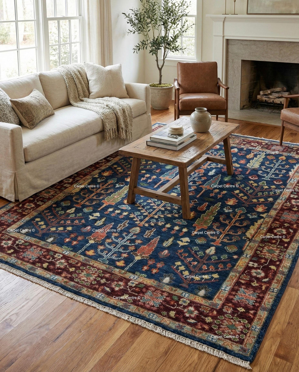 Handmade Navy Blue Oushak Rug | Tree of Life Wool Area Rug