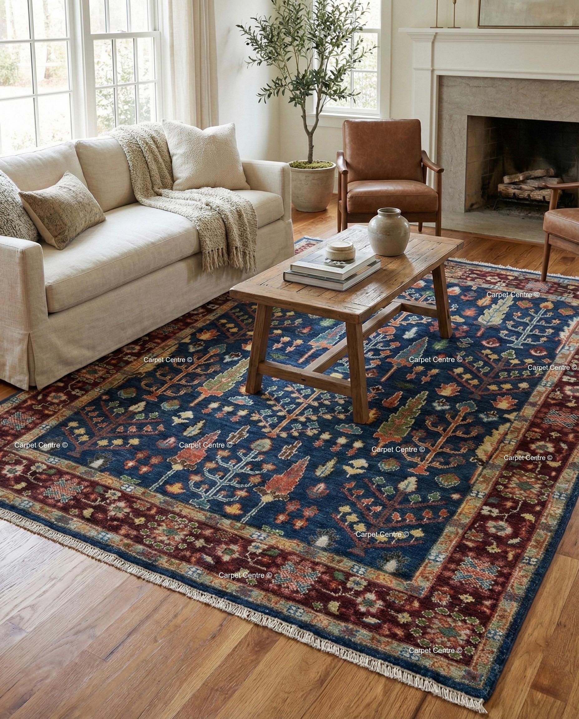 Handmade Navy Blue Oushak Rug | Tree of Life Wool Area Rug
