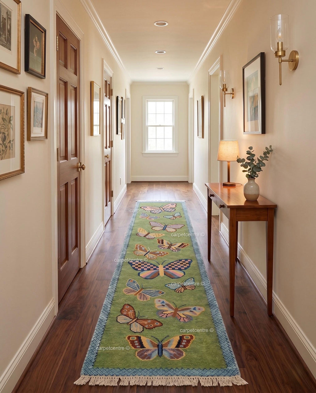 Handmade Wool Butterfly Runner Rug | Light Green Scattered Meadow Carpet
