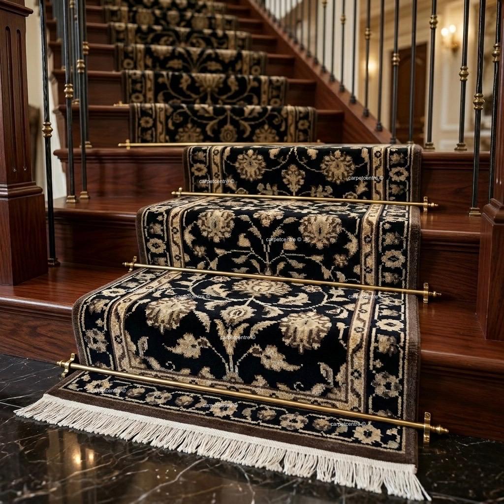Handmade Oushak Wool Runner Rug, Black and Gold Floral Design Hallway Entryway Runner