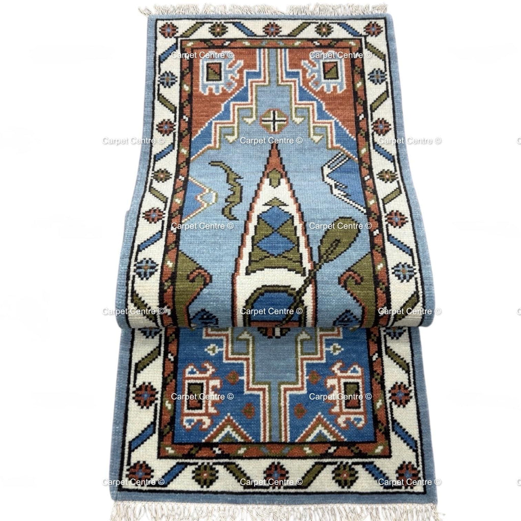 Hand-Knotted Wool Runner Rug, Canoe Figural Oushak Style, Coastal Cabin Decor