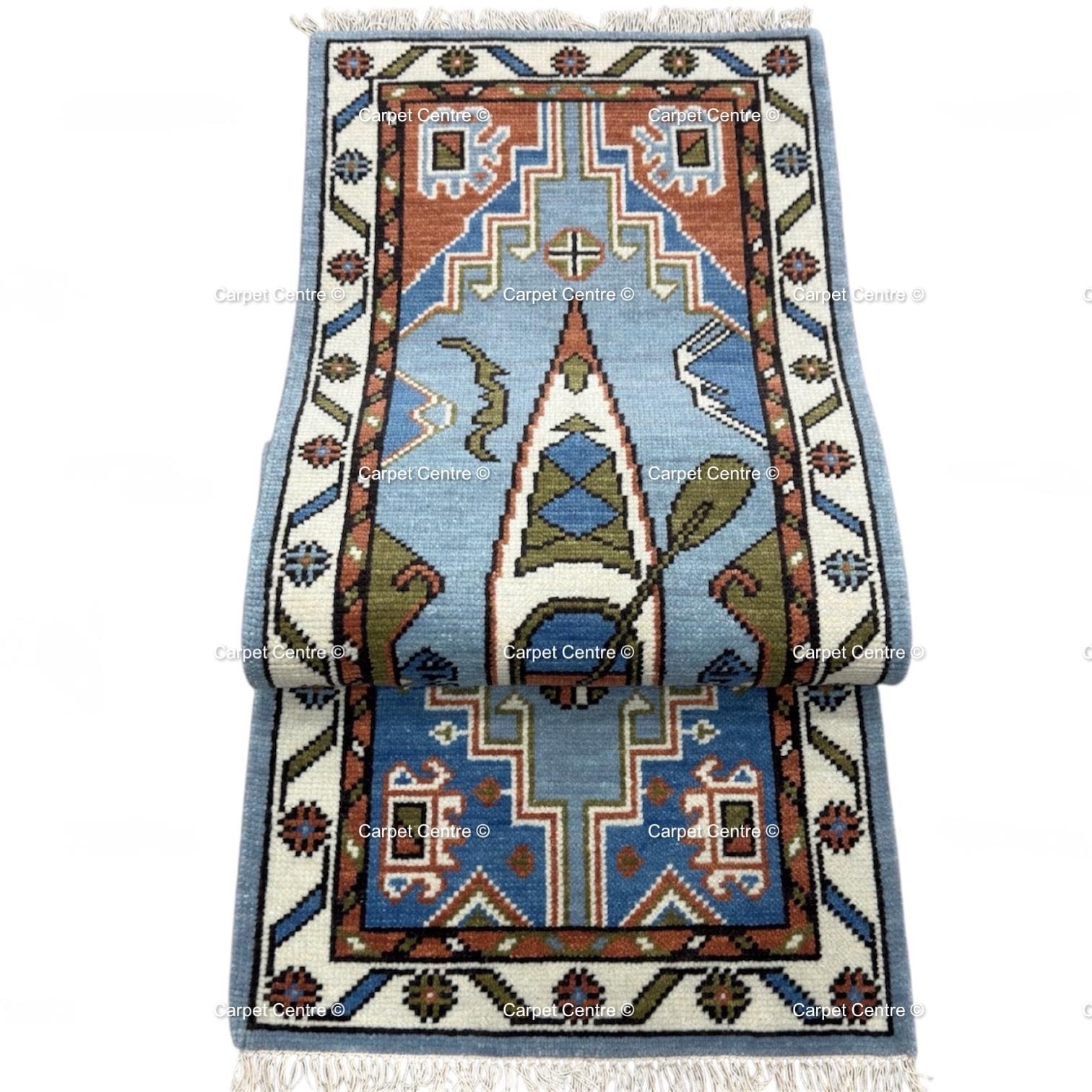Hand-Knotted Wool Runner Rug, Canoe Figural Oushak Style, Coastal Cabin Decor