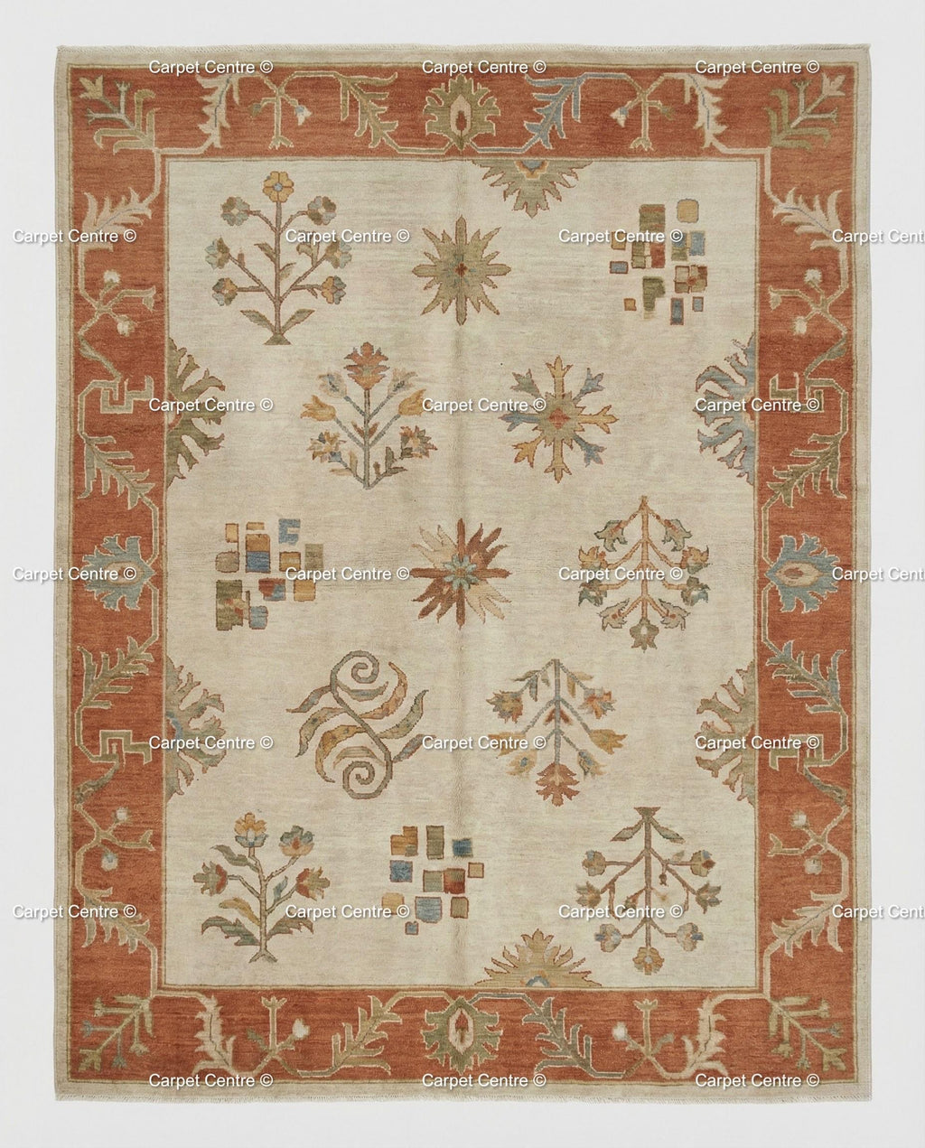 Hand-Knotted Wool Oushak Rug, Beige and Rust, Folk Art Floral Geometric