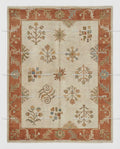 Hand-Knotted Wool Oushak Rug, Beige and Rust, Folk Art Floral Geometric