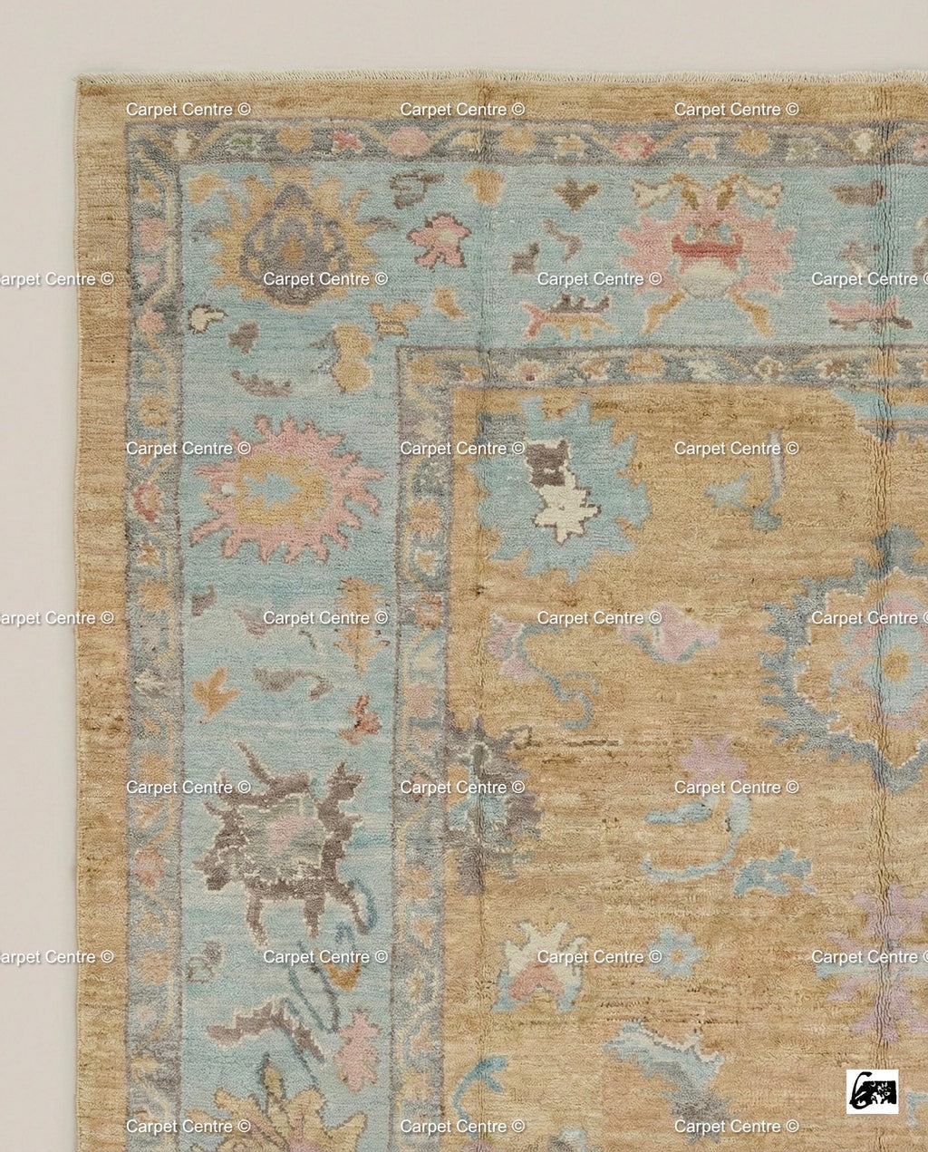 Hand-Knotted Wool Oushak Rug, Yellow Field, Blue Floral Border