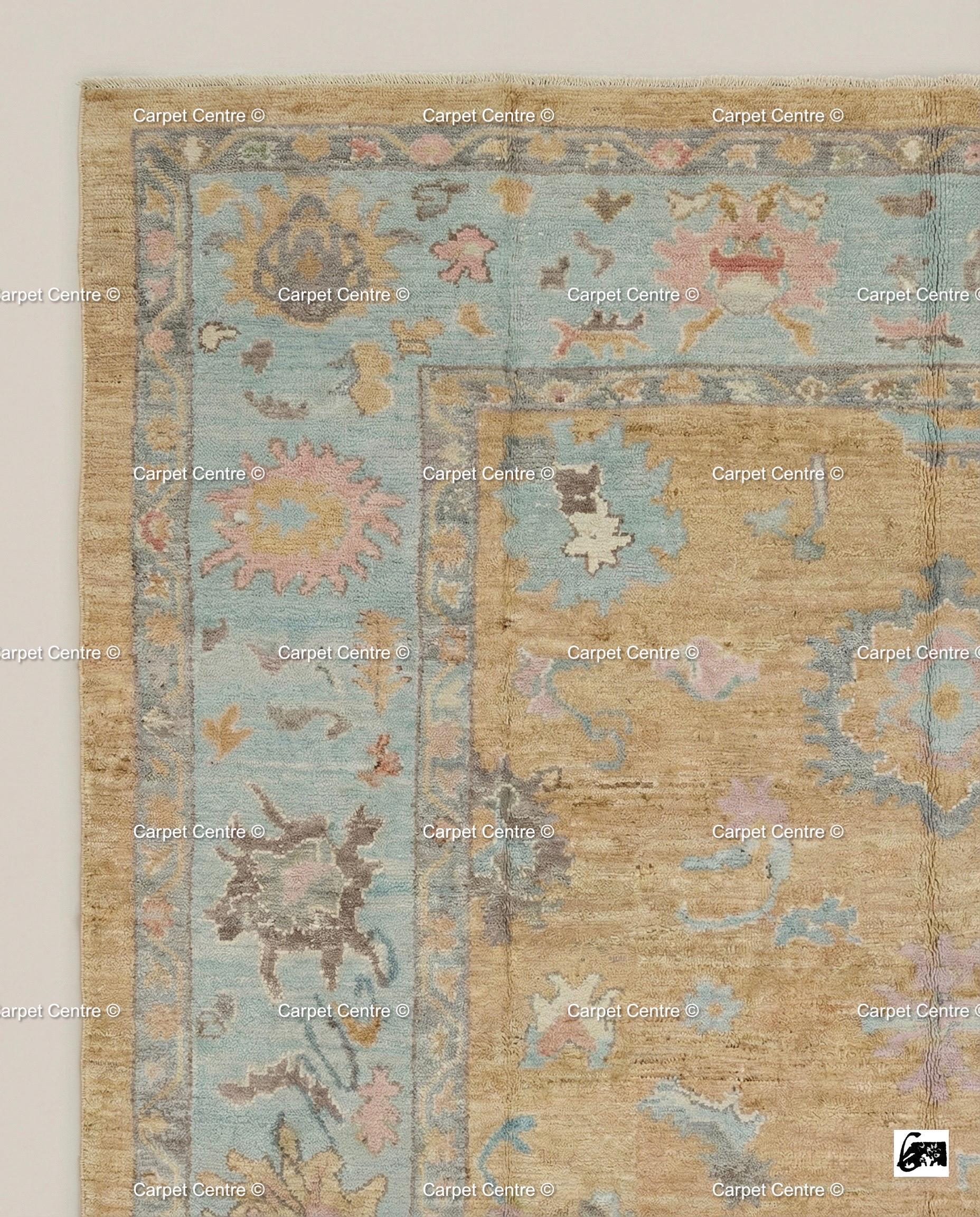 Hand-Knotted Wool Oushak Rug, Yellow Field, Blue Floral Border