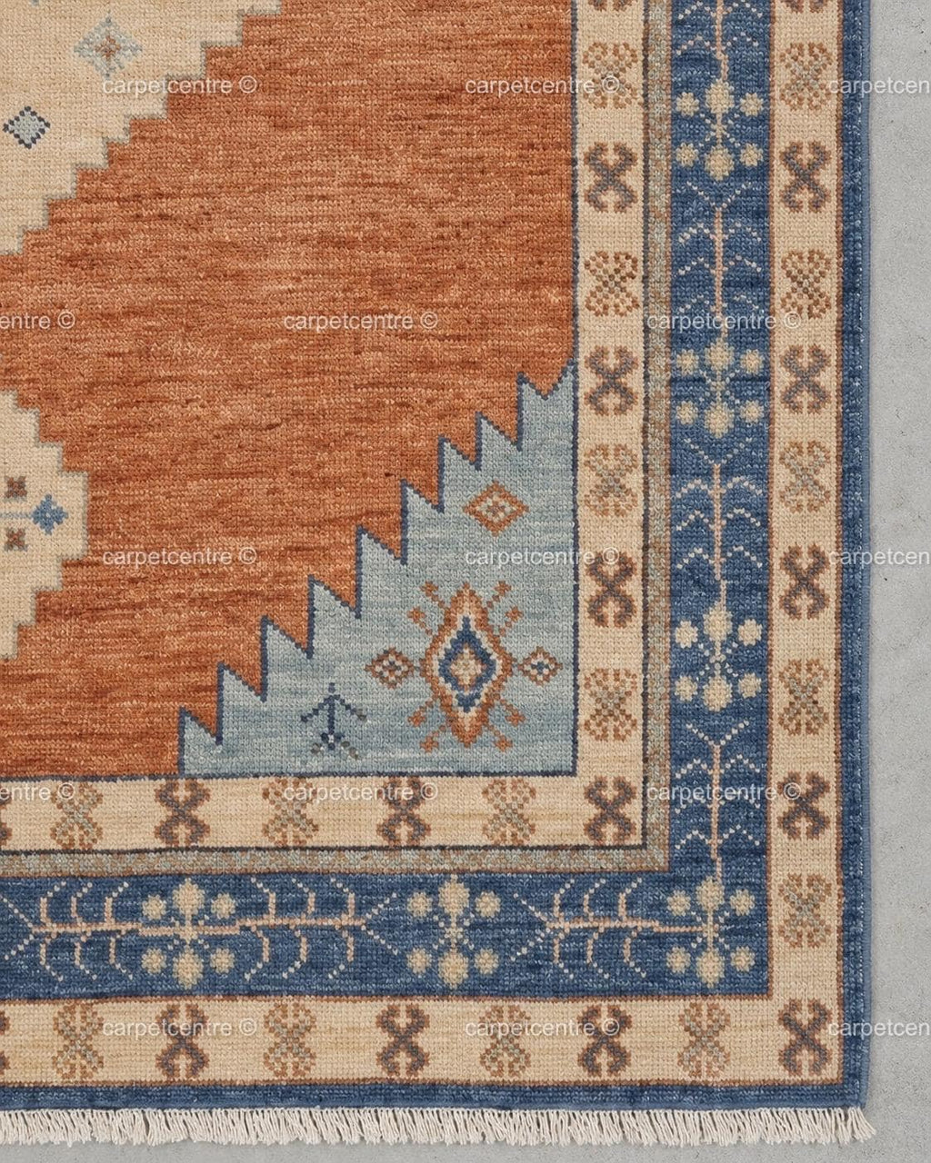 Hand Knotted Oushak Rug | Rust Orange, Blue Tribal Geometric Wool Carpet