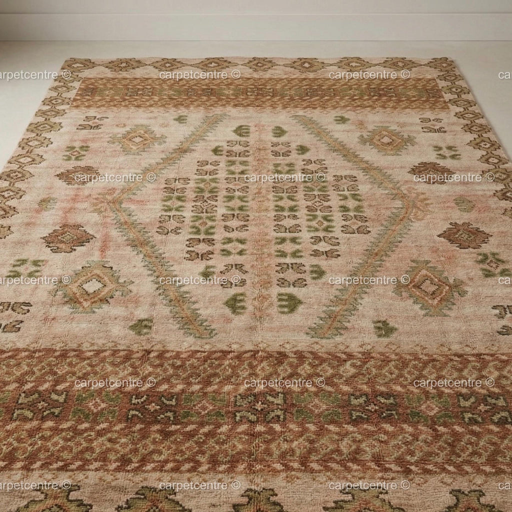 Hand-Knotted Oushak Rug: Muted Sage Green, Terracotta Wool Area Rug (8x10, 9x12)