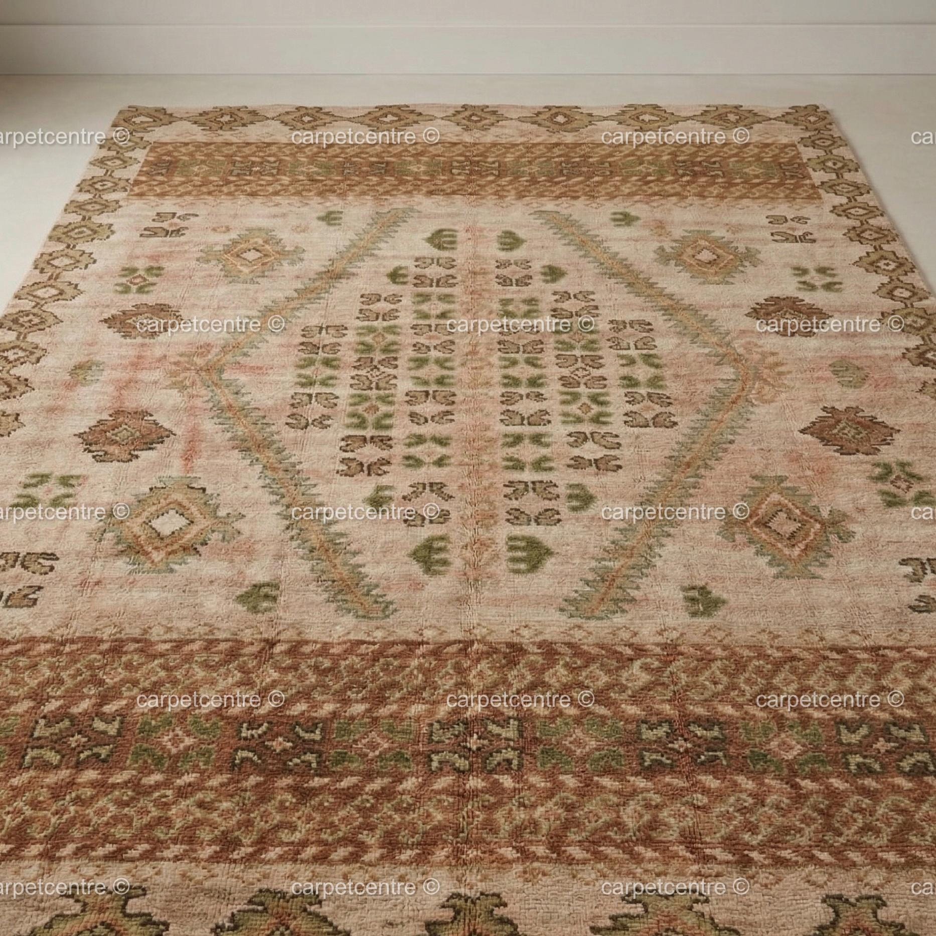 Hand-Knotted Oushak Rug: Muted Sage Green, Terracotta Wool Area Rug (8x10, 9x12)