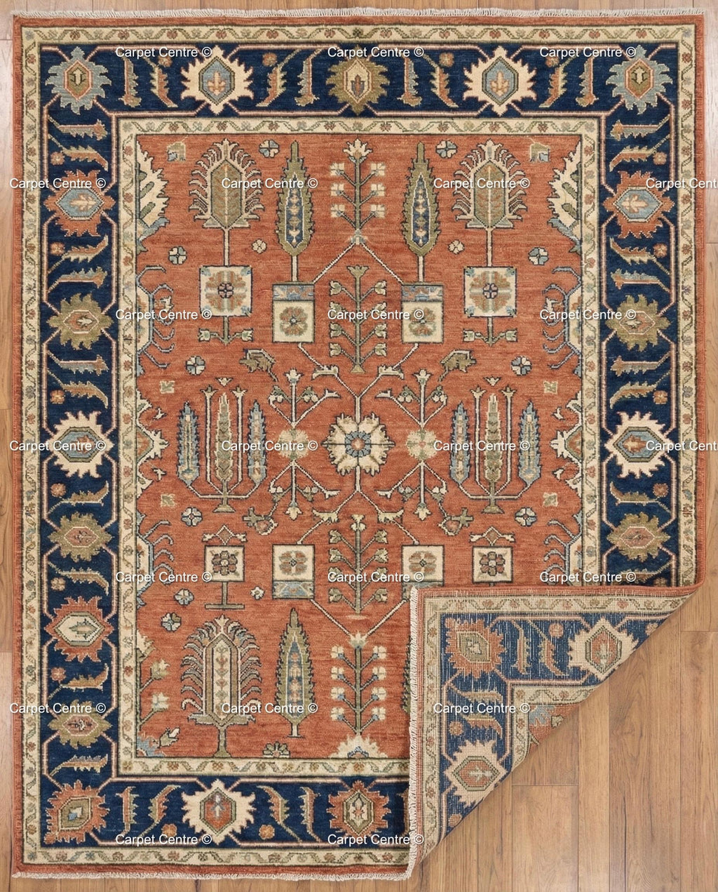 Hand Knotted Oushak Rug, Turkish Wool, Tree of Life, Terracotta & Navy