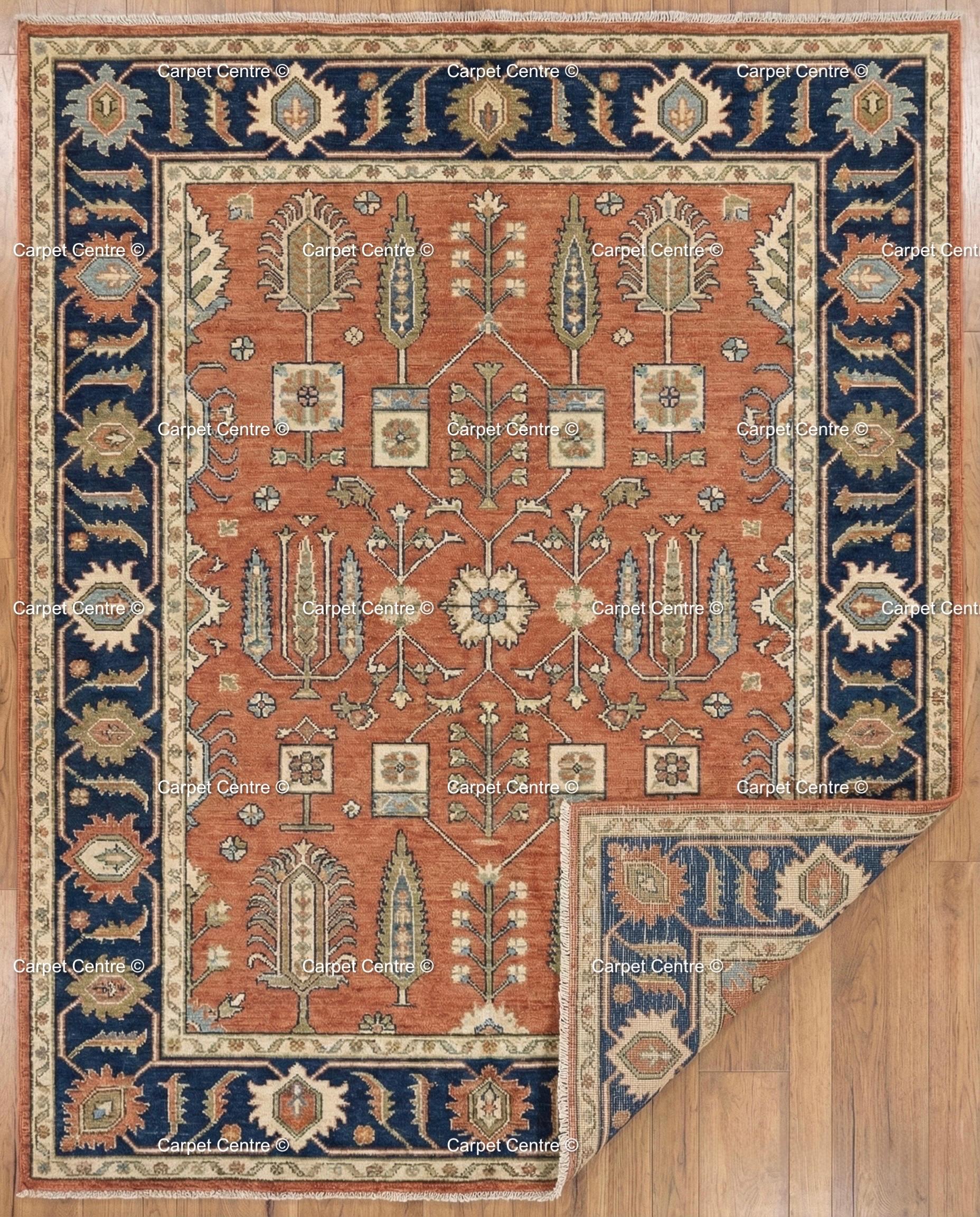 Hand Knotted Oushak Rug, Turkish Wool, Tree of Life, Terracotta & Navy