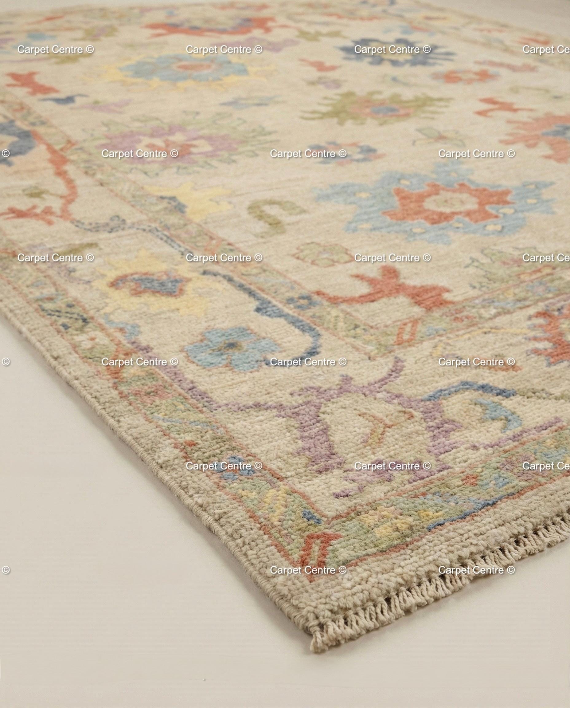 Hand Knotted Wool Oushak Rug – Beige & Pastel Floral, Turkish Knot