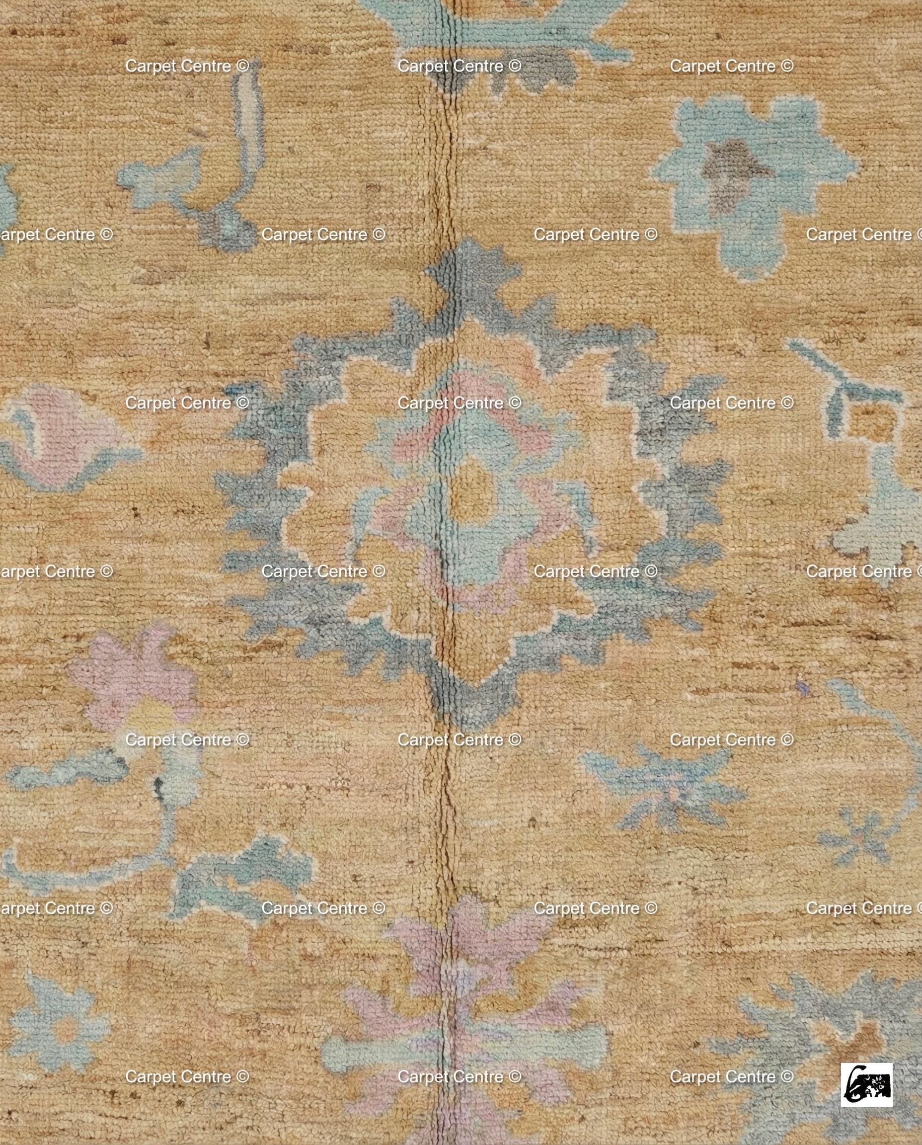 Hand-Knotted Wool Oushak Rug, Yellow Field, Blue Floral Border