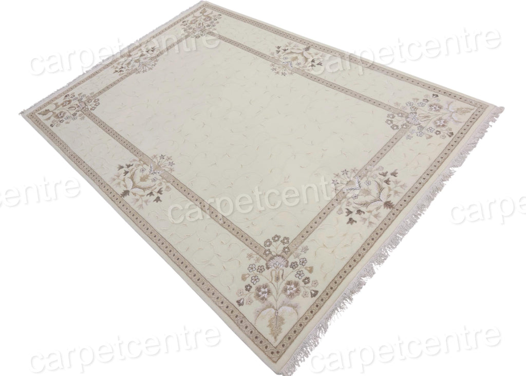 Handwoven Ivory Wool Rug: Vintage Persian Floral Art Silk