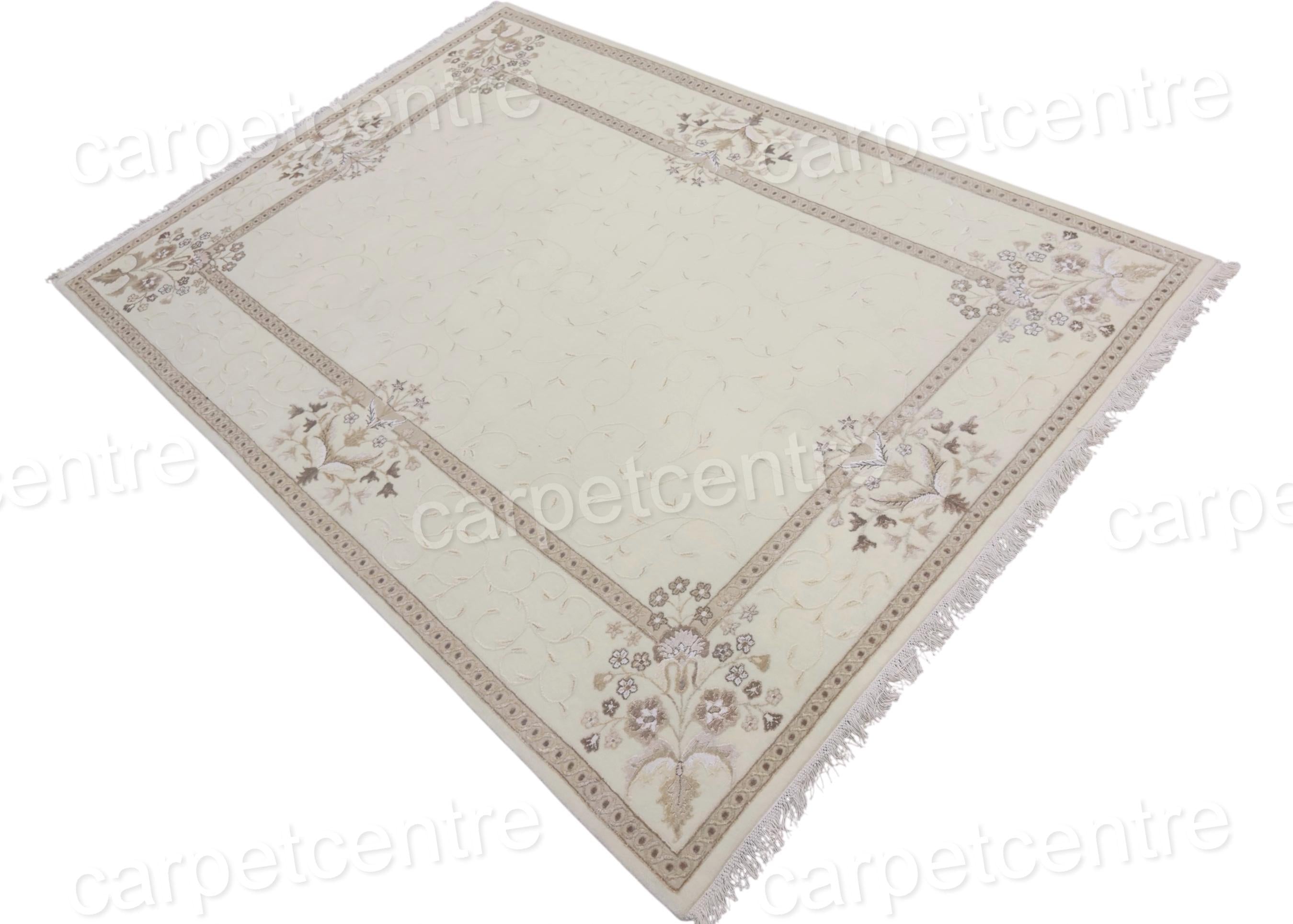 Handwoven Ivory Wool Rug: Vintage Persian Floral Art Silk