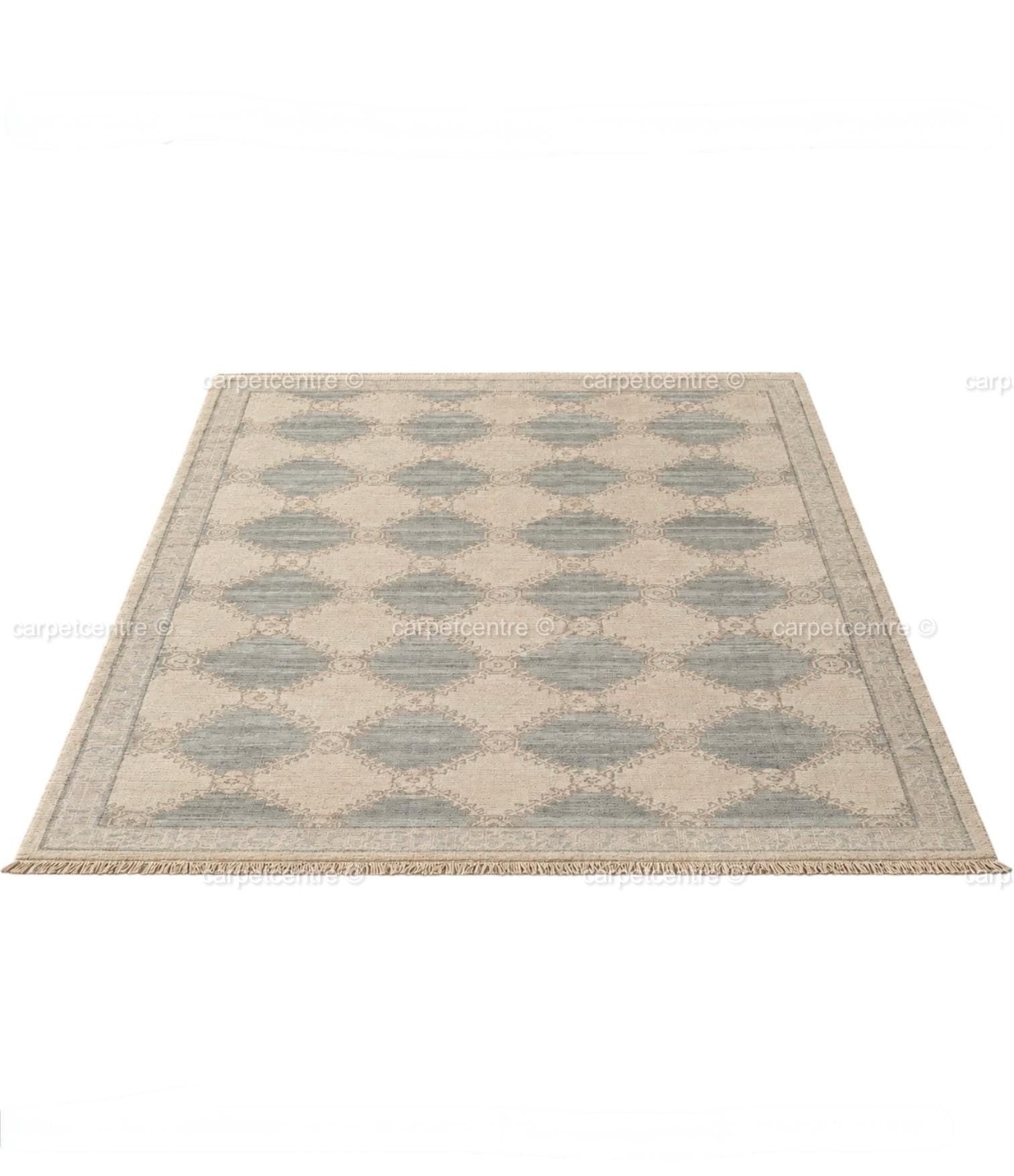 Muted Blue Oushak Rug, Hand-Knotted Wool Geometric Diamond Area Rug