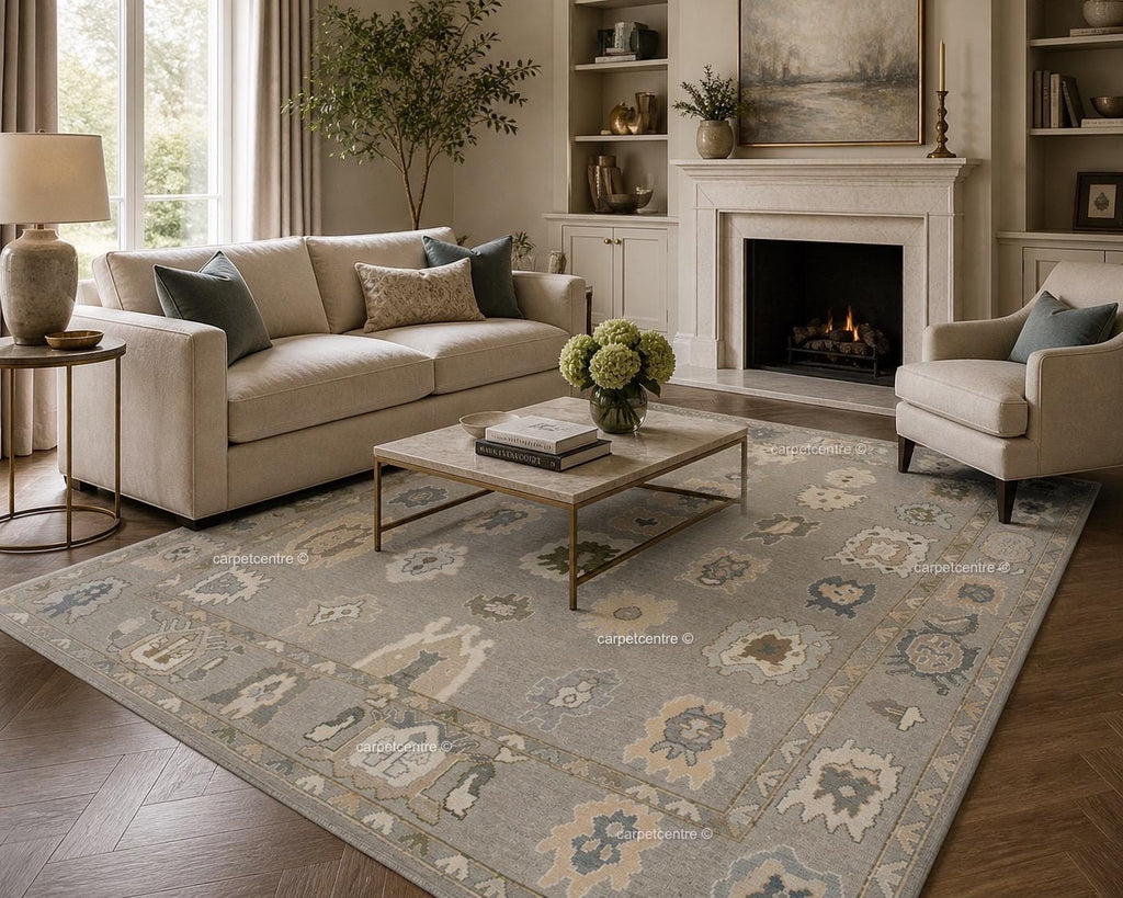 Hand Knotted Wool Oushak Rug | Muted Geometric Tribal Design, Neutral Tones