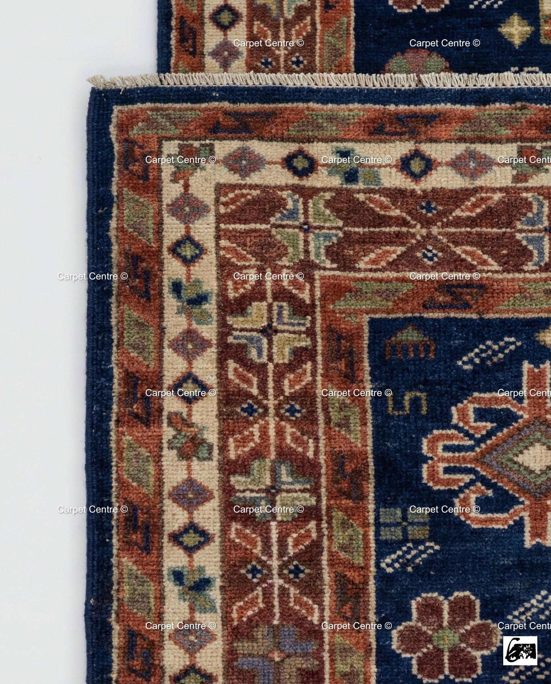 Hand Knotted Wool Oushak Rug – 9x12 Navy Blue & Rust Tribal Medallion