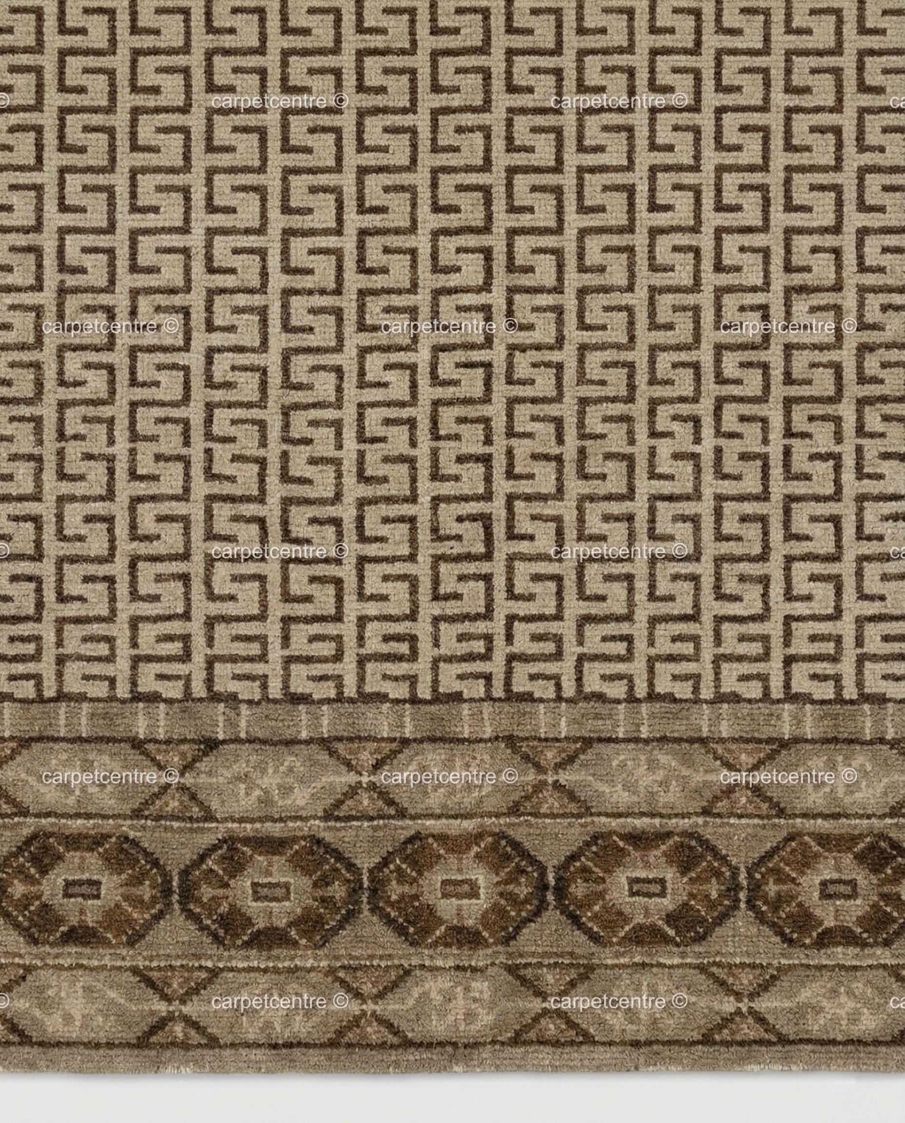 Neutral Geometric Oushak Rug | Beige Greek Key Wool Carpet (Custom Sizes)