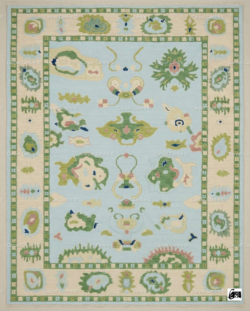 Handmade Oushak Wool Rug: Aqua Blue & Sage Green, Abstract Design