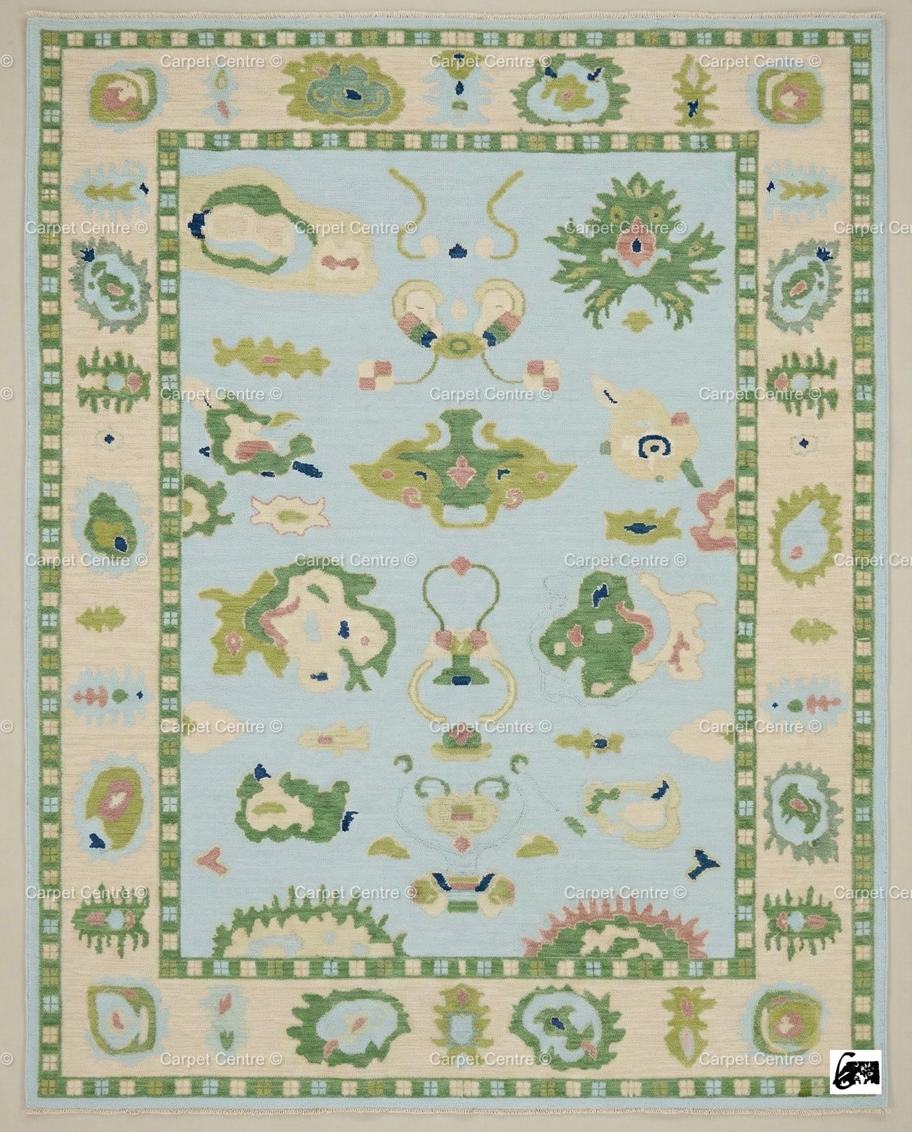 Handmade Oushak Wool Rug: Aqua Blue & Sage Green, Abstract Design
