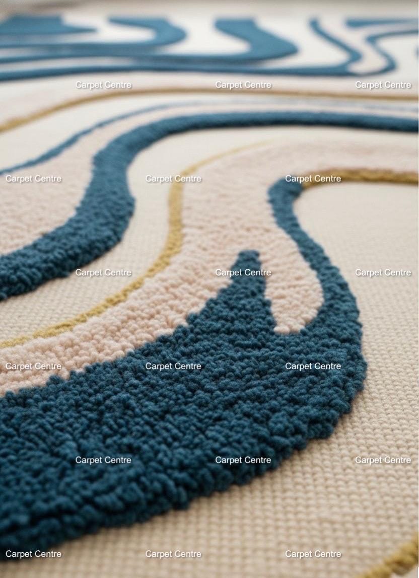 Handmade Teal Wave Wool Rug: Abstract Sculpted Texture