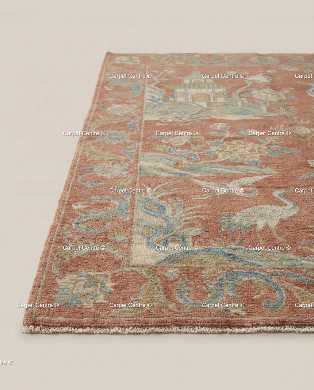 Terracotta Chinoiserie Wool Rug, Hand Knotted Oushak, Dragon Crane Motif