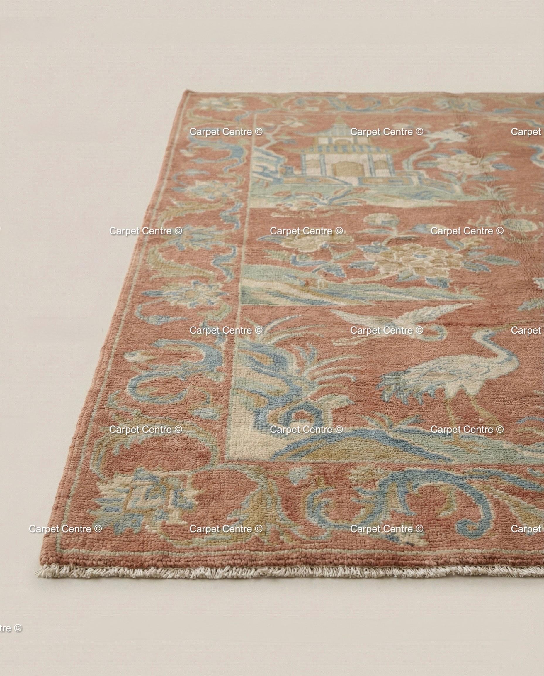 Terracotta Chinoiserie Wool Rug, Hand Knotted Oushak, Dragon Crane Motif