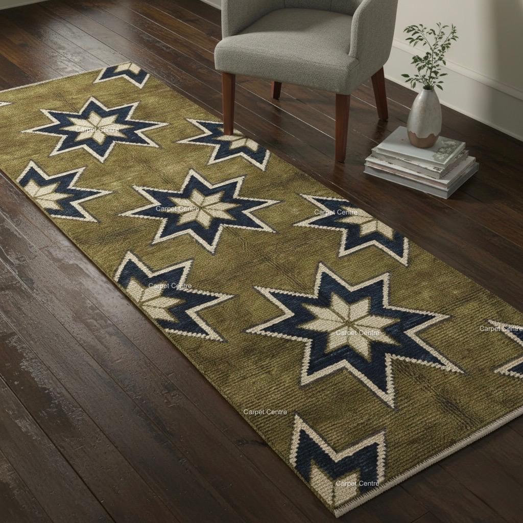 Olive Green Wool Runner Rug, Turkish Knot Star Pattern