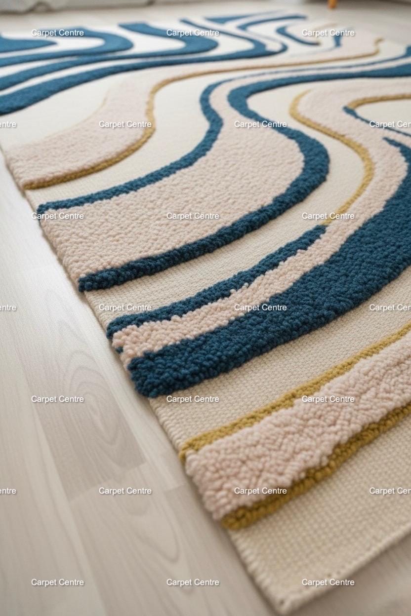 Handmade Teal Wave Wool Rug: Abstract Sculpted Texture