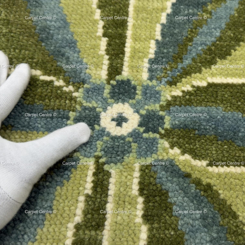 Hand-Knotted Oushak Rug, Emerald Sage Green Floral Medallion, Handspun Wool Area Rug