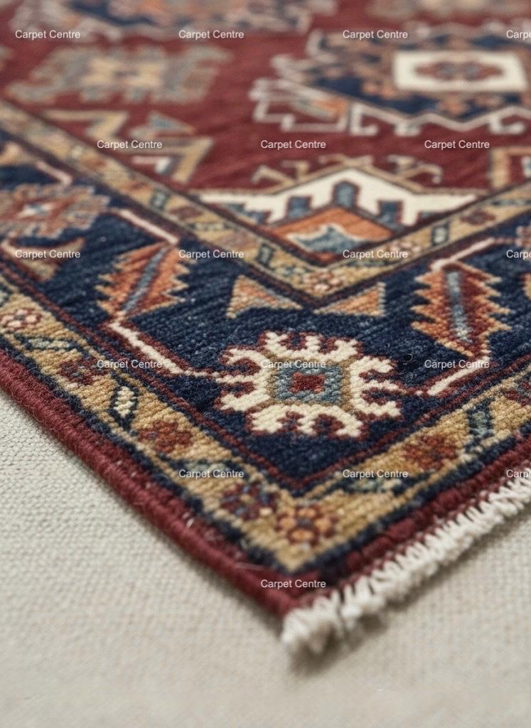 Hand-Knotted Red Oushak Wool Rug, Heriz Medallion, Navy Border