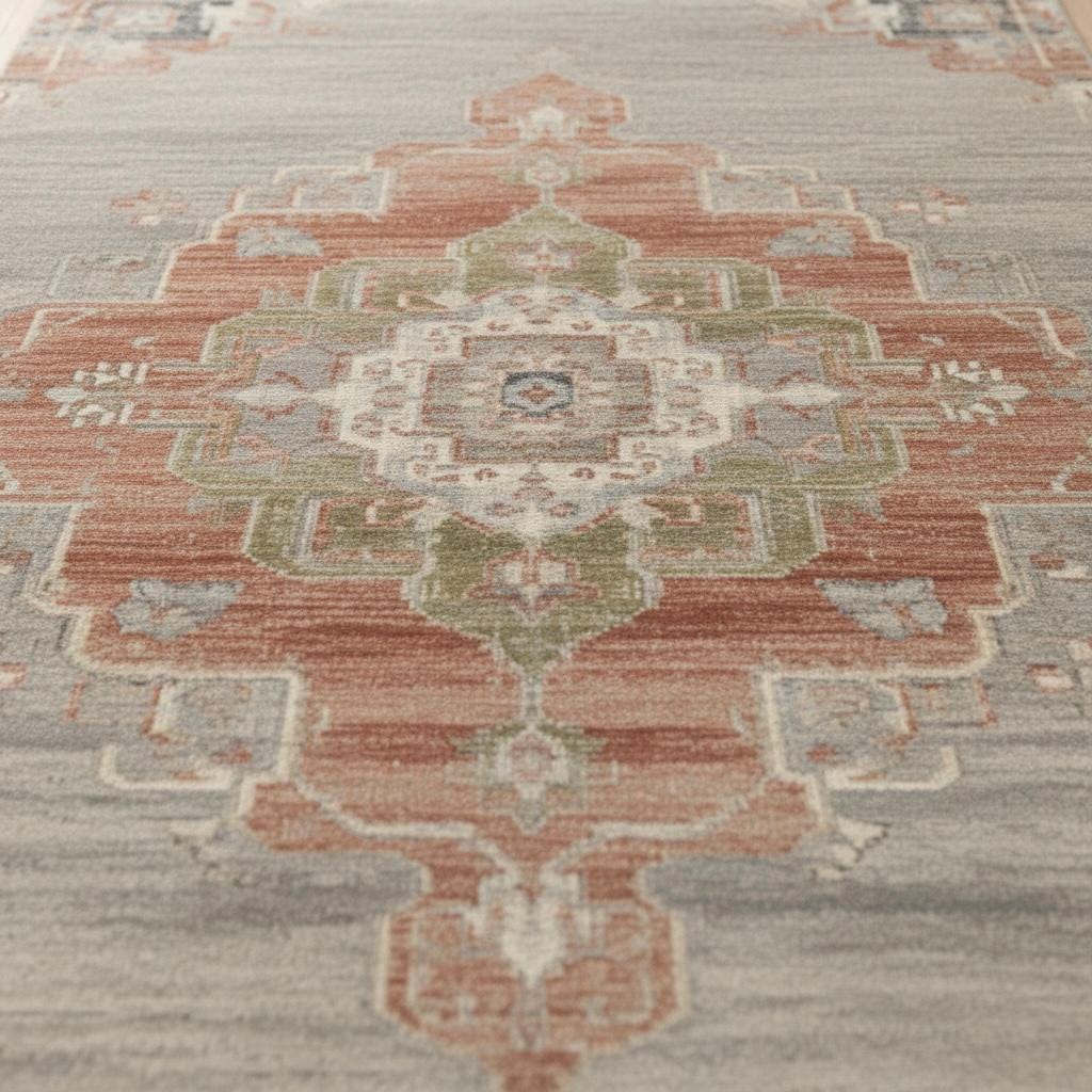 Handwoven Wool Oushak Rug: Gray, Rust Medallion