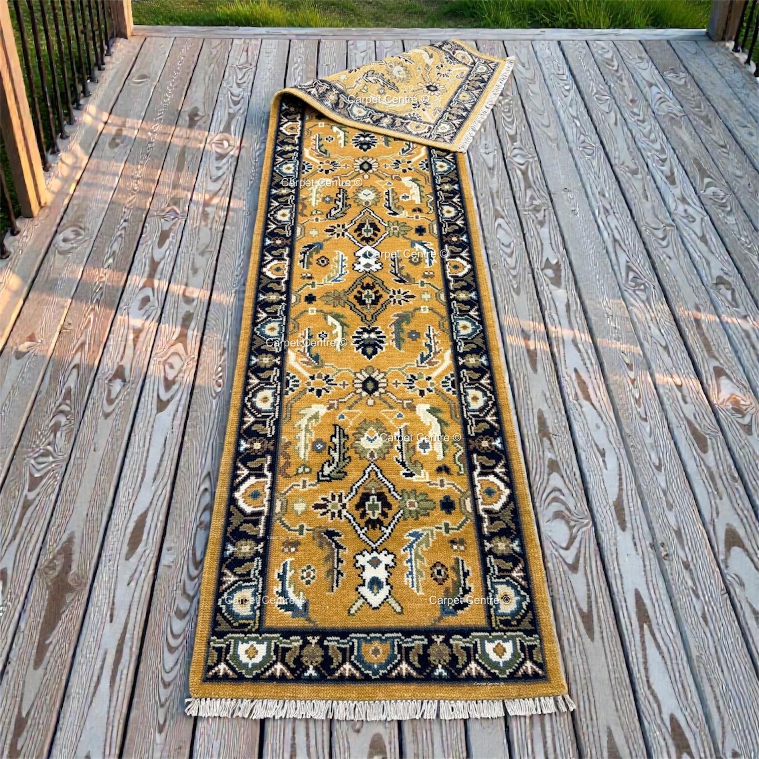 Yellow Oushak Hand-Knotted Wool Runner, Traditional Persian Style Navy Border Rug