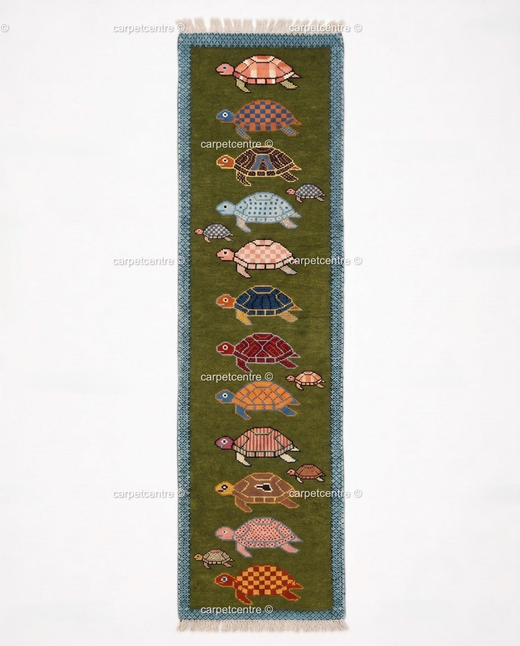 Handmade Wool Turtle Runner Rug – Olive Green Tortoise Design Hallway Carpet
