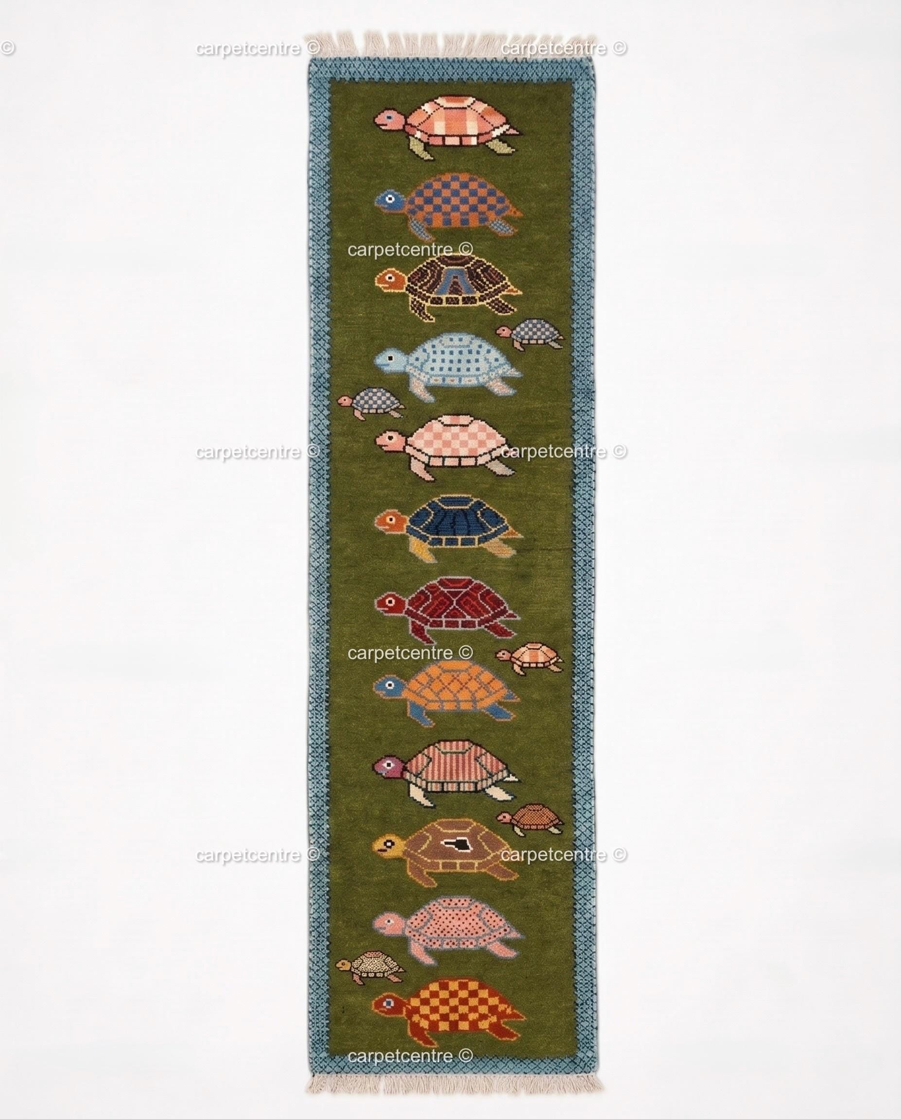 Handmade Wool Turtle Runner Rug – Olive Green Tortoise Design Hallway Carpet
