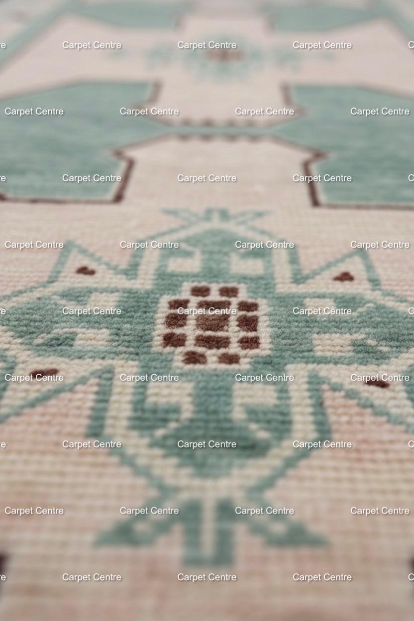 Hand Knotted Oushak Wool Runner Rug | Mint Green Geometric Design