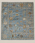 Sky Blue Wool Rug, Hand-Knotted Turkish Oushak, Floral Design