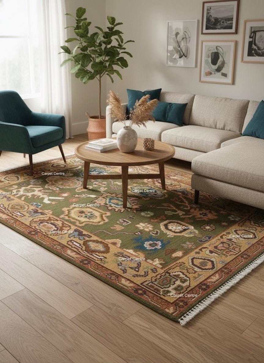 Olive Green Oushak Rug, Hand-Knotted Wool, Boho Farmhouse Decor