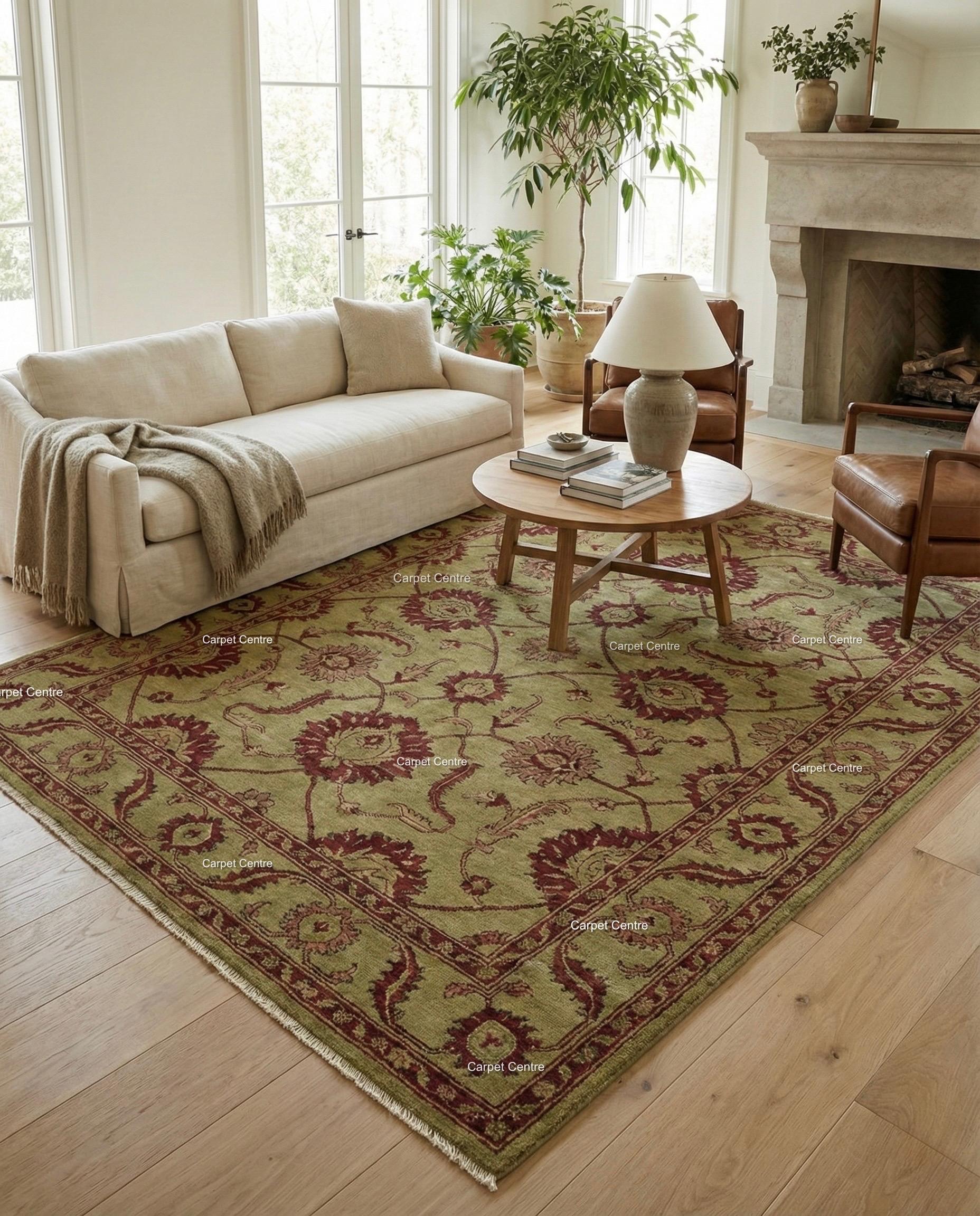 Hand-Knotted Wool Oushak Rug, Sage Green Floral, Arts & Crafts Style
