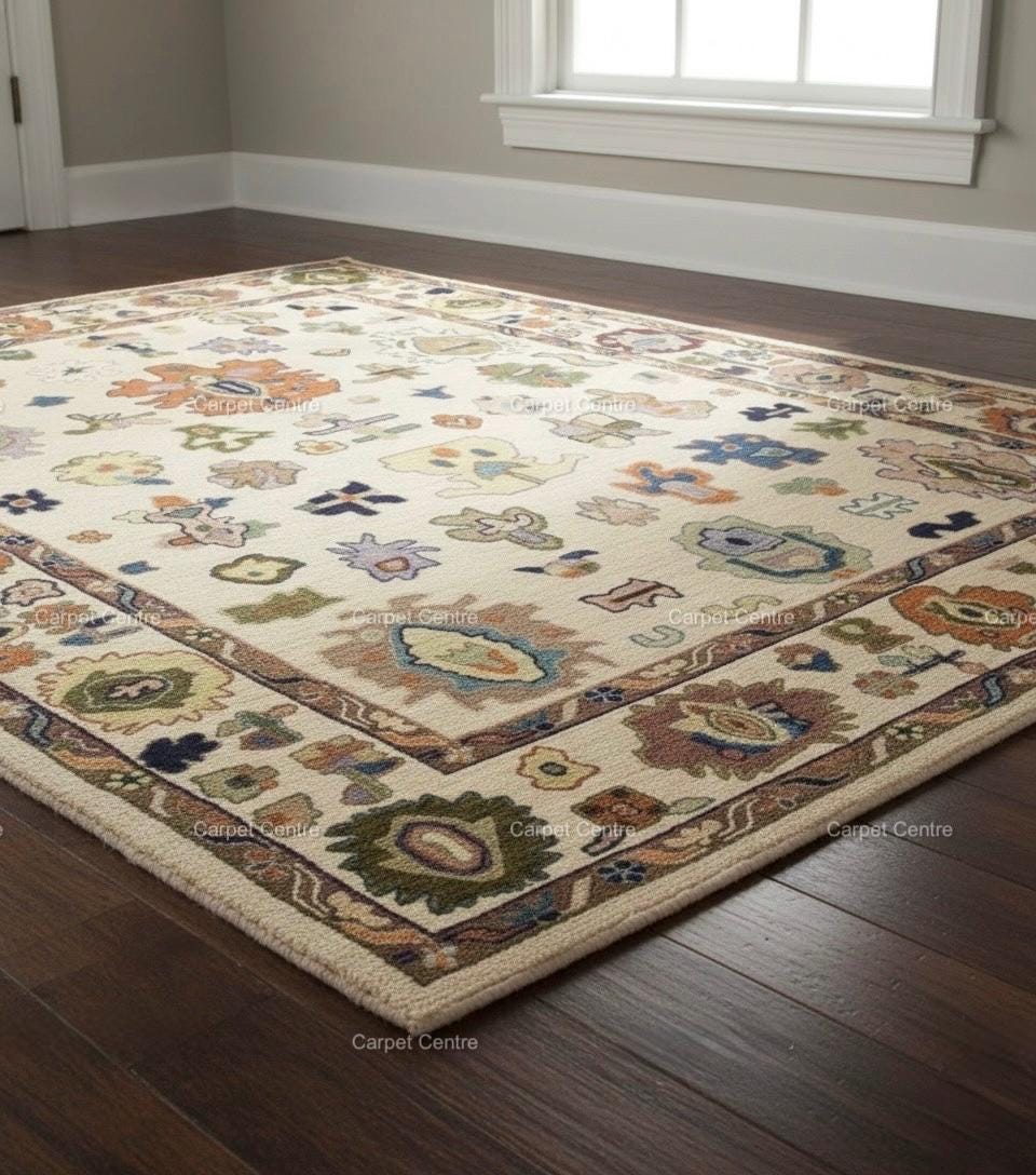 Hand-Knotted Ivory Oushak Wool Rug, Colorful Boho Floral, 8x10