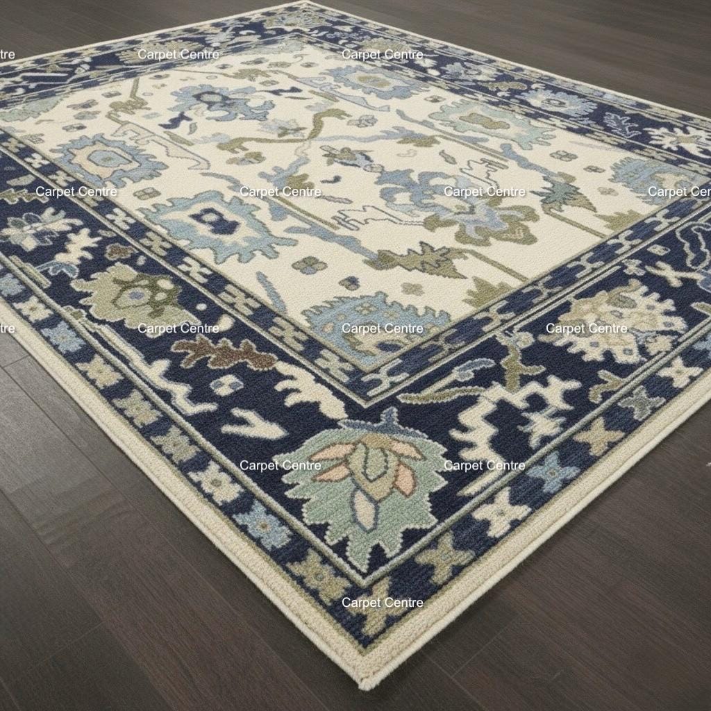 Hand-Knotted Ivory Oushak Rug, Navy Border, Handspun Wool