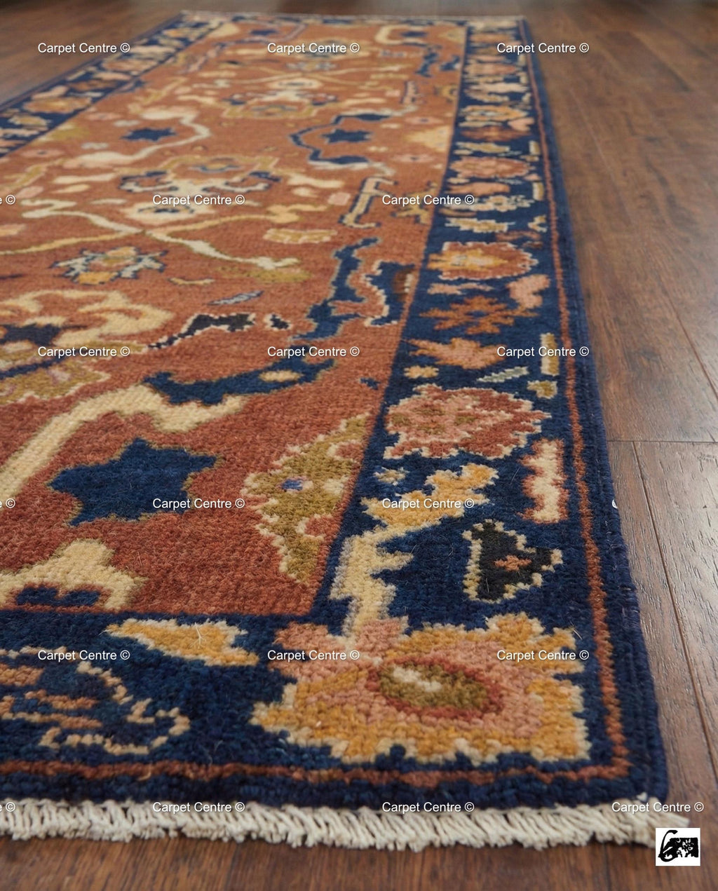 Hand Knotted Wool Runner Rug, Rust Navy Geometric Oushak, Boho Southwestern Decor