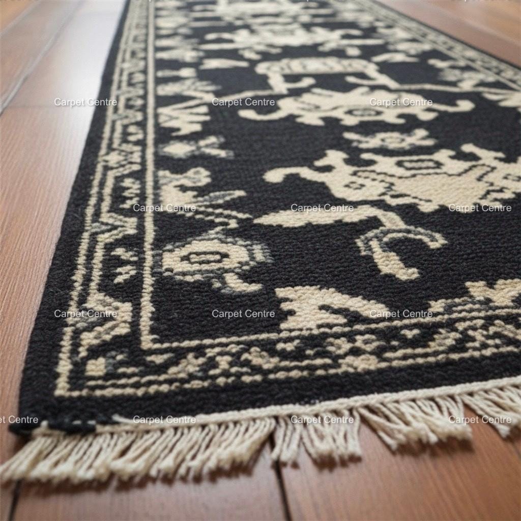 Handmade Wool Oushak Runner Rug, Black & Cream Geometric Entryway