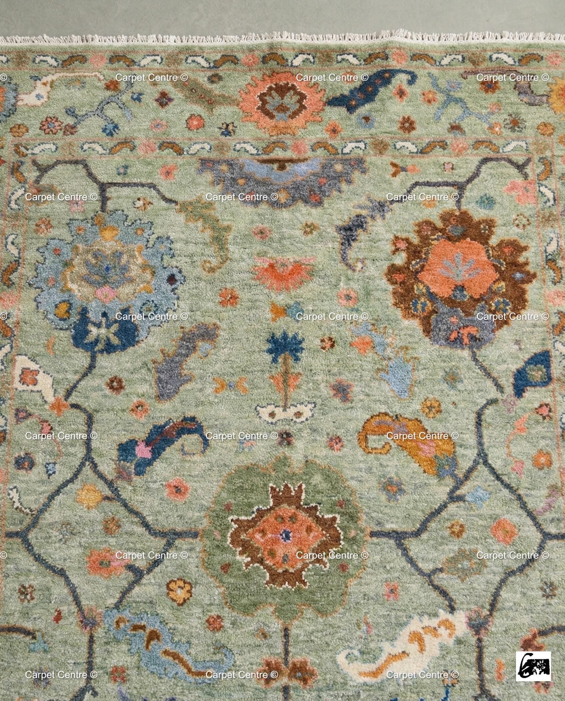 Sage Green Oushak Rug, Hand Knotted Wool, Arts & Crafts Floral