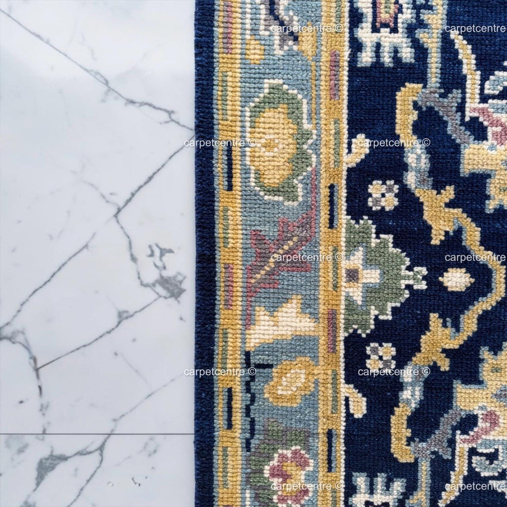 Handmade Navy Blue Oushak Runner Rug | Floral Hallway Entryway Wool Rug